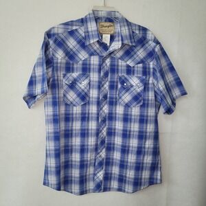 Wrangler Western‎ Shirt Mens Large Blue Check Plaid Sawtooth Pocket Pearl Snap